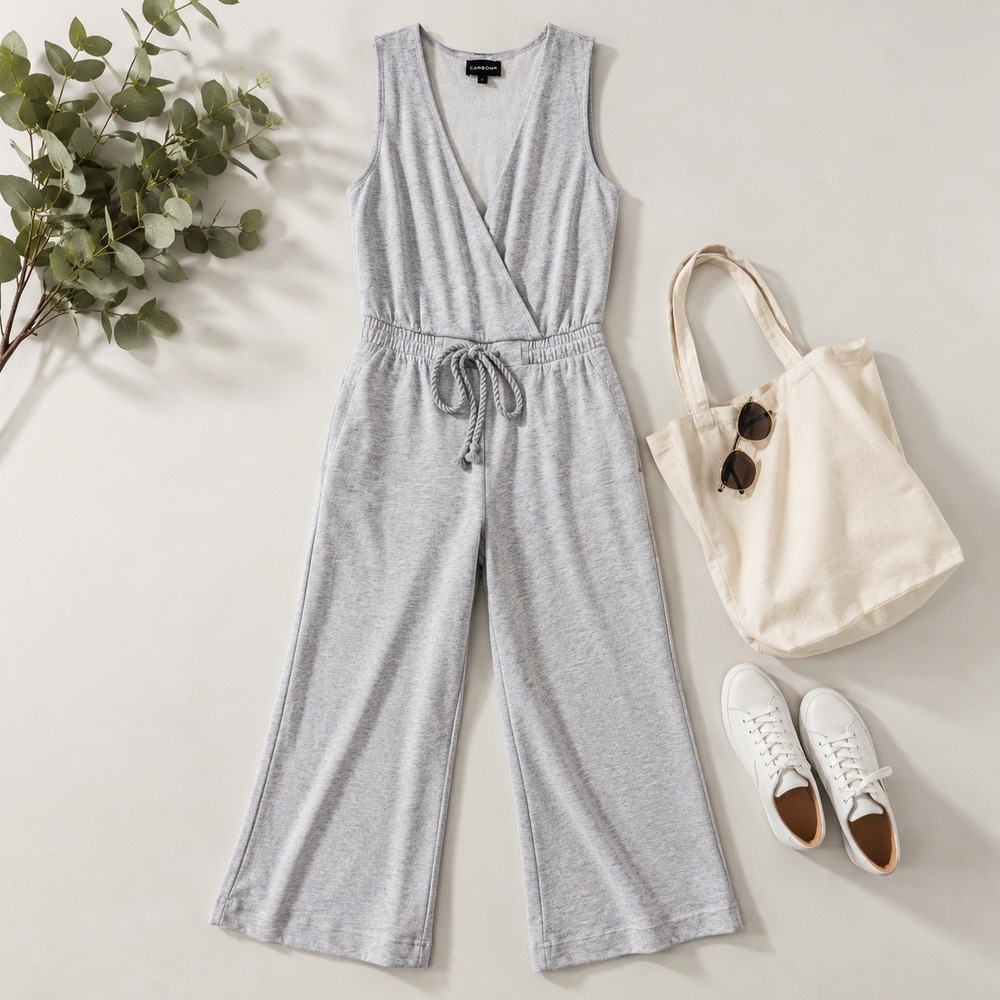 Carbon38 French Terry Jumpsuit Size Small Gray‎ Wide Leg Drawstring Athleisure